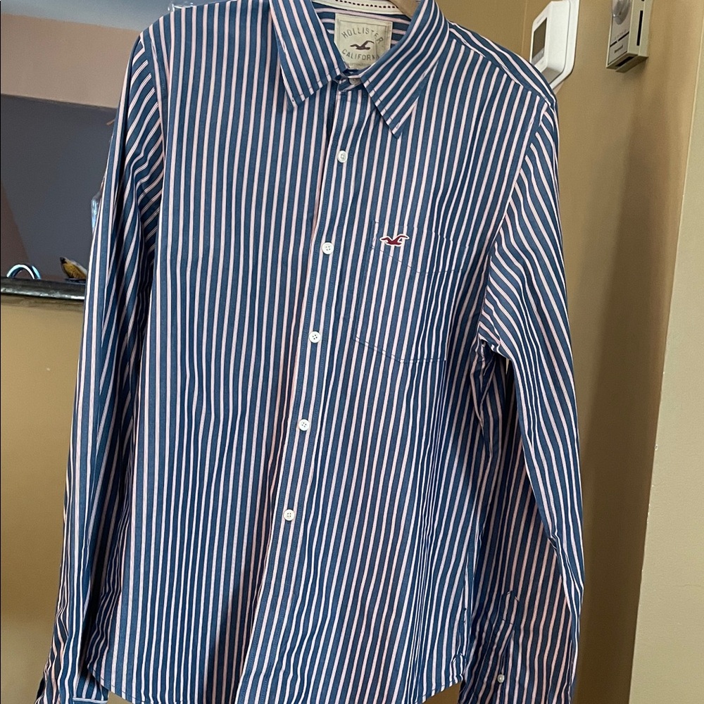 Hollister Vintage Navy and White Striped Button Down Shirt, Sz XL